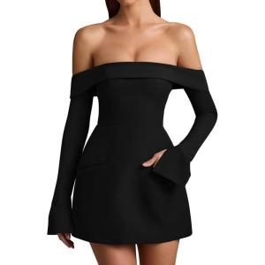 imageBEAGIMEG Womens Sexy Long Sleeves Off Shoulder ALine Club Party Mini DressBlack
