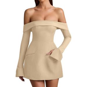 imageBEAGIMEG Womens Sexy Long Sleeves Off Shoulder ALine Club Party Mini DressKhaki