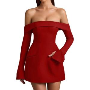 imageBEAGIMEG Womens Sexy Long Sleeves Off Shoulder ALine Club Party Mini DressRed