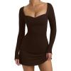 imageBEAGIMEG Womens Sexy Bodycon Long Sleeves Aline Sweetheart Neck Ruched Club Party Mini DressBrown