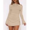 imageBEAGIMEG Womens Sexy Bodycon Long Sleeves Flared Sleeves One Shoulder Side Split Ruched Club Party Mini DressKhaki