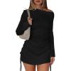 imageBEAGIMEG Womens Sexy Bodycon Long Sleeves Flared Sleeves One Shoulder Side Split Ruched Club Party Mini DressBlack