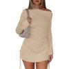imageBEAGIMEG Womens Sexy Bodycon Long Sleeves Flared Sleeves One Shoulder Side Split Ruched Club Party Mini DressKhaki