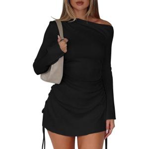 imageBEAGIMEG Womens Sexy Bodycon Long Sleeves Flared Sleeves One Shoulder Side Split Ruched Club Party Mini DressBlack