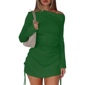 imageBEAGIMEG Womens Sexy Bodycon Long Sleeves Flared Sleeves One Shoulder Side Split Ruched Club Party Mini DressGreen