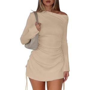 imageBEAGIMEG Womens Sexy Bodycon Long Sleeves Flared Sleeves One Shoulder Side Split Ruched Club Party Mini DressKhaki