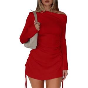 imageBEAGIMEG Womens Sexy Bodycon Long Sleeves Flared Sleeves One Shoulder Side Split Ruched Club Party Mini DressRed