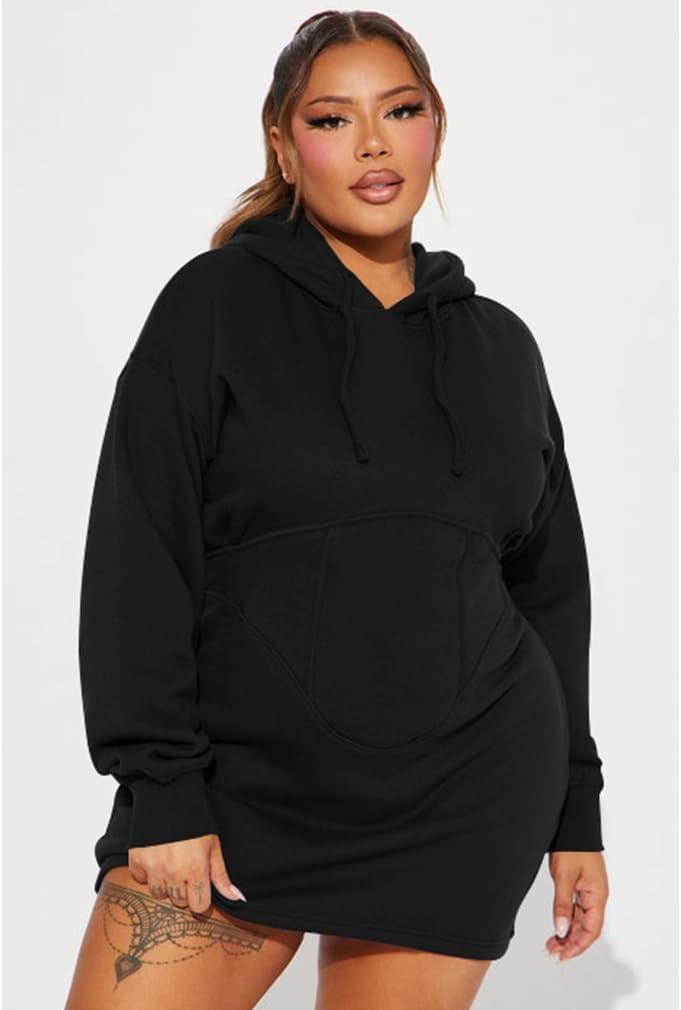 imageBEAGIMEG Womens Long Sleeves High Neckline Hooded Solid Stretch Casual Mini Sweatshirt DressBlack