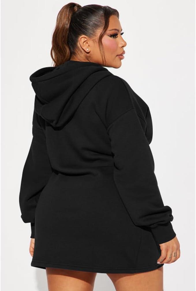 imageBEAGIMEG Womens Long Sleeves High Neckline Hooded Solid Stretch Casual Mini Sweatshirt DressBlack