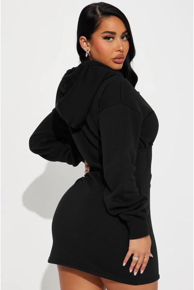 imageBEAGIMEG Womens Long Sleeves High Neckline Hooded Solid Stretch Casual Mini Sweatshirt DressBlack