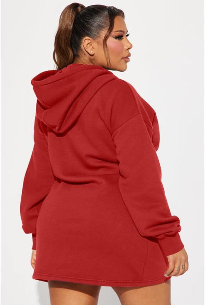 imageBEAGIMEG Womens Long Sleeves High Neckline Hooded Solid Stretch Casual Mini Sweatshirt DressRed