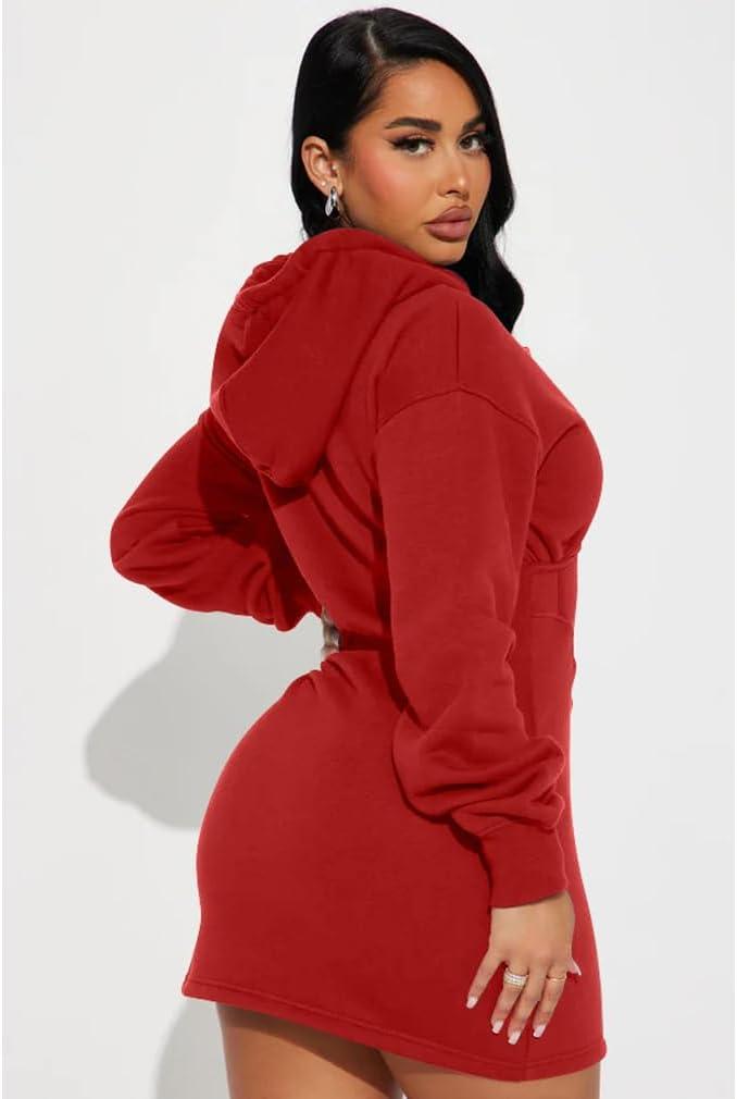imageBEAGIMEG Womens Long Sleeves High Neckline Hooded Solid Stretch Casual Mini Sweatshirt DressRed
