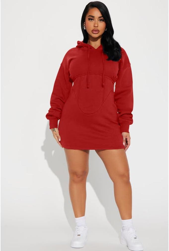 imageBEAGIMEG Womens Long Sleeves High Neckline Hooded Solid Stretch Casual Mini Sweatshirt DressRed