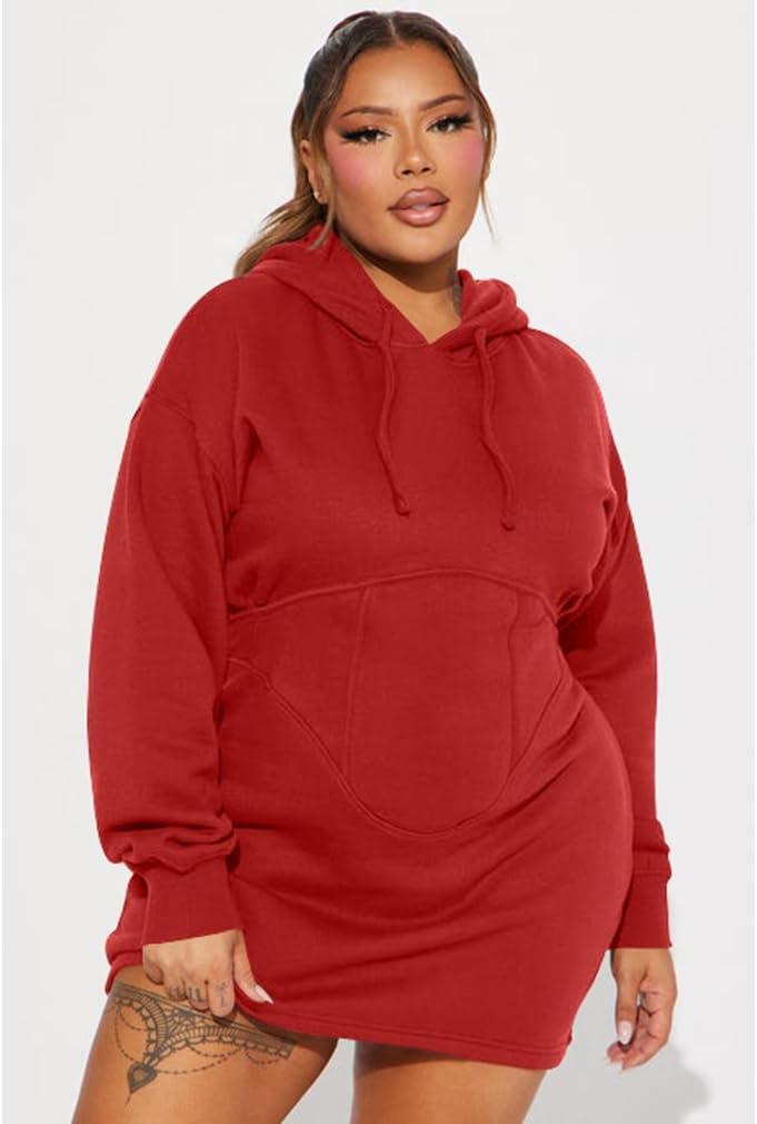 imageBEAGIMEG Womens Long Sleeves High Neckline Hooded Solid Stretch Casual Mini Sweatshirt DressRed