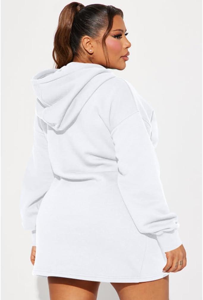 imageBEAGIMEG Womens Long Sleeves High Neckline Hooded Solid Stretch Casual Mini Sweatshirt DressWhite