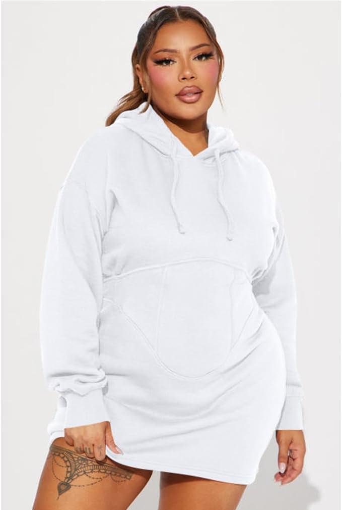 imageBEAGIMEG Womens Long Sleeves High Neckline Hooded Solid Stretch Casual Mini Sweatshirt DressWhite