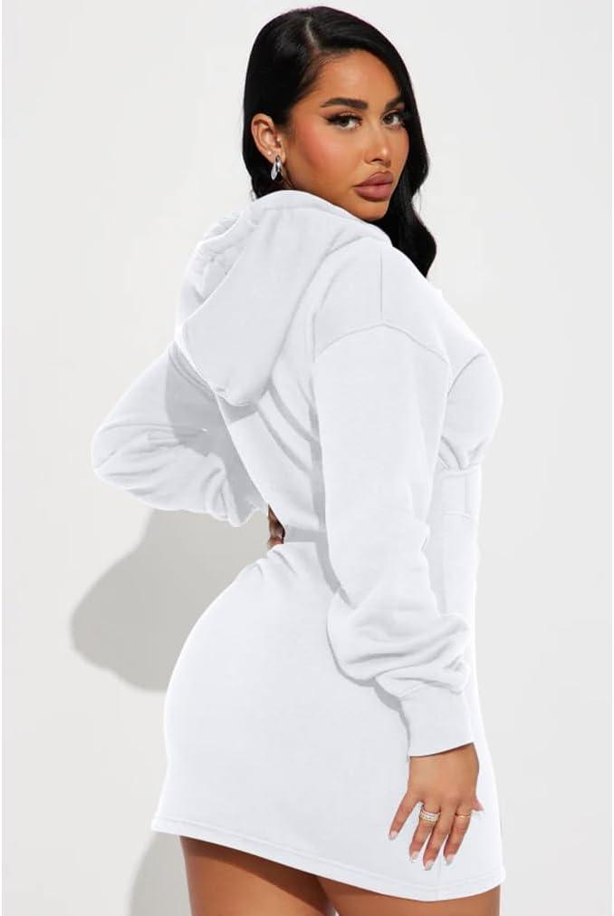 imageBEAGIMEG Womens Long Sleeves High Neckline Hooded Solid Stretch Casual Mini Sweatshirt DressWhite