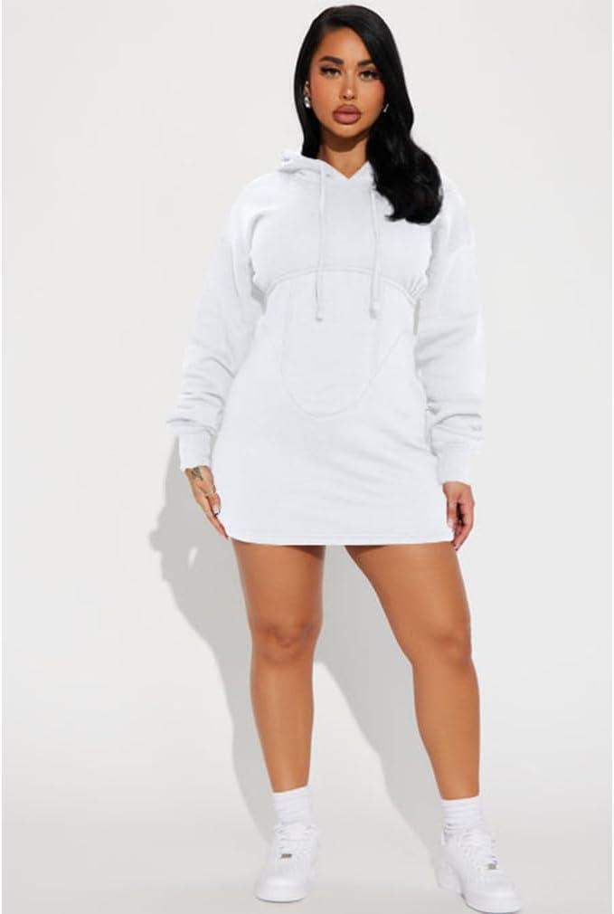 imageBEAGIMEG Womens Long Sleeves High Neckline Hooded Solid Stretch Casual Mini Sweatshirt DressWhite