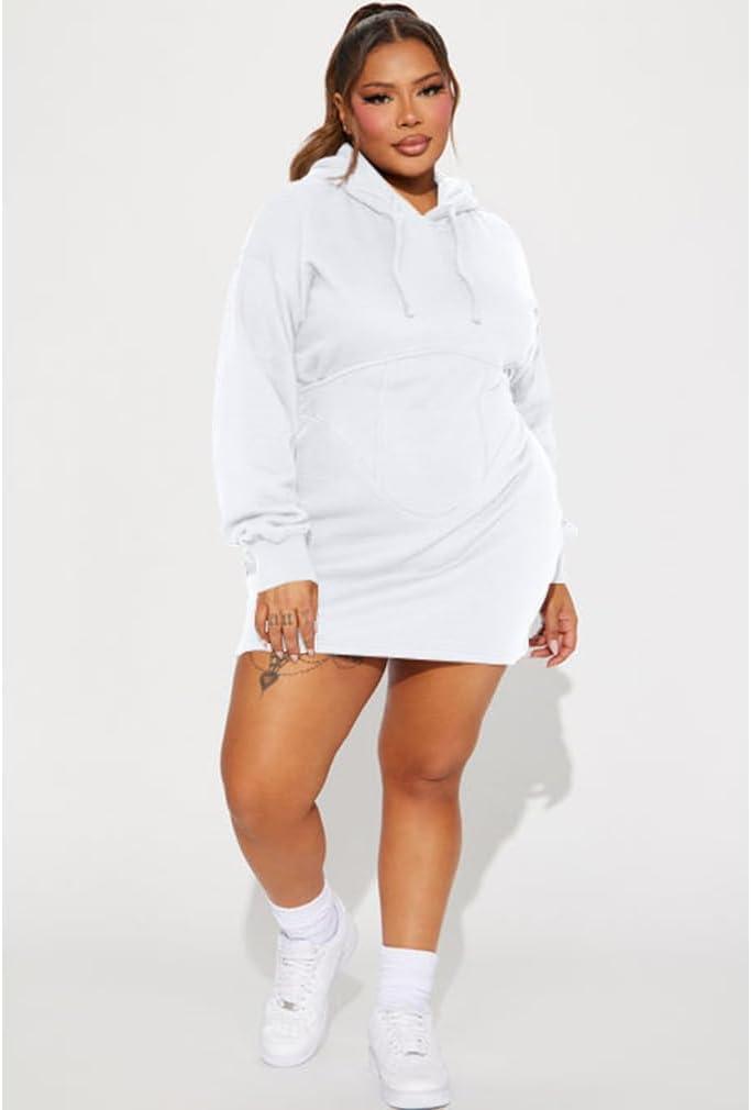 imageBEAGIMEG Womens Long Sleeves High Neckline Hooded Solid Stretch Casual Mini Sweatshirt DressWhite