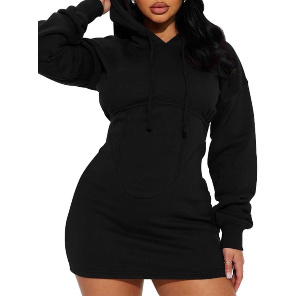 imageBEAGIMEG Womens Long Sleeves High Neckline Hooded Solid Stretch Casual Mini Sweatshirt DressBlack