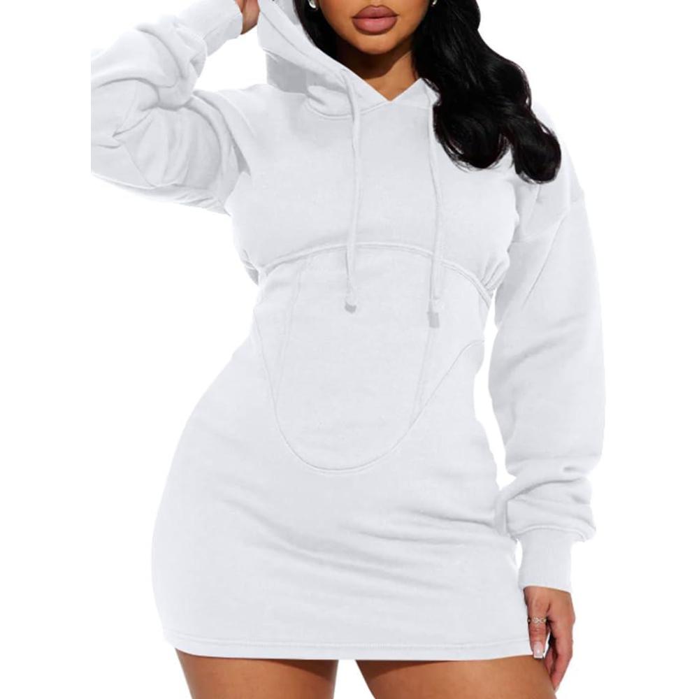 imageBEAGIMEG Womens Long Sleeves High Neckline Hooded Solid Stretch Casual Mini Sweatshirt DressWhite