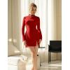 imageBEAGIMEG Womens Bodycon Elegant Mock Neck Flar Long Sleeves Side Slit Basic Party Club Mini DressRed