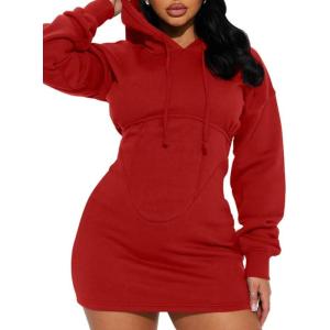 imageBEAGIMEG Womens Long Sleeves High Neckline Hooded Solid Stretch Casual Mini Sweatshirt DressRed