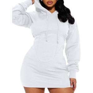 imageBEAGIMEG Womens Long Sleeves High Neckline Hooded Solid Stretch Casual Mini Sweatshirt DressWhite
