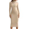 imageBEAGIMEG Womens Bodycon Long Sleeve Mock Neckline Knit Ribbed Party Club Midi DressKhaki