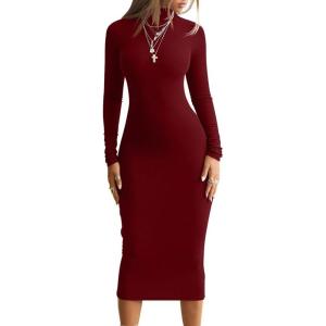 imageBEAGIMEG Womens Bodycon Long Sleeve Mock Neckline Knit Ribbed Party Club Midi DressWinered