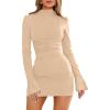 imageBEAGIMEG Womens Bodycon Elegant Flare Long Sleeves Ruched Basic Party Club Mini DressKhaki