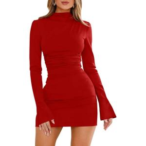 imageBEAGIMEG Womens Bodycon Elegant Flare Long Sleeves Ruched Basic Party Club Mini DressRed