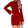 imageBEAGIMEG Womens Bodycon Elegant Mock Neck Flar Long Sleeves Side Slit Basic Party Club Mini DressRed