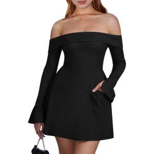 imageBEAGIMEG Womens Sexy Long Sleeves Off Shoulder ALine Club Party Mini DressBlack