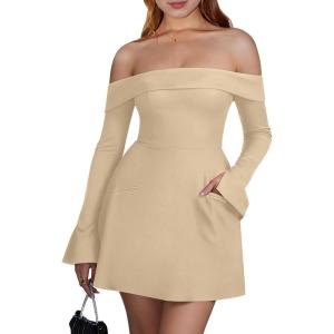 imageBEAGIMEG Womens Sexy Long Sleeves Off Shoulder ALine Club Party Mini DressKhaki