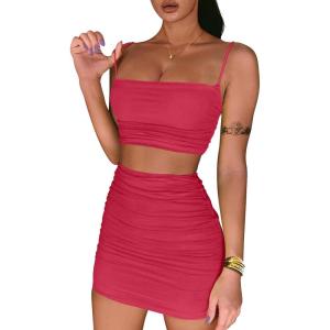 imageBEAGIMEG Womens Ruched Cami Crop Top Bodycon Skirt 2 Piece Outfits DressRose