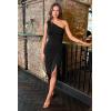 image:imageBEAGIMEG Womens Elegant One Shoulder Sleeveless Ruched Slit Midi Dress Cocktail Party DressBlack