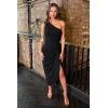 image:imageBEAGIMEG Womens Elegant One Shoulder Sleeveless Ruched Slit Midi Dress Cocktail Party DressBlack