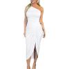 image:imageBEAGIMEG Womens Elegant One Shoulder Sleeveless Ruched Slit Midi Dress Cocktail Party DressWhite