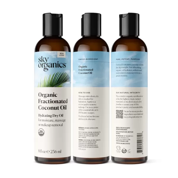 Sky Organics Fractionated Coconut Oil Hydrating Dry Oil for Moisture Massage and Makeup Removal Suitable for All Skin Types 100 Pure and Cold Pressed Multipurpose Body and Face Oil 8 fl Oz