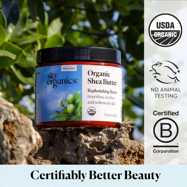 Sky Organics Organic Shea Butter Replenishing Butter for Body ampamp Face Soothes Softens and Boosts Skins Overall Moisture and Radiance Suitable for Dry Skin USDA Certified Organic Skin Care 15 OzShea Butter