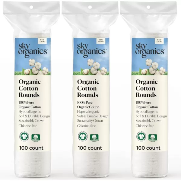 Sky Organics Organic Cotton Rounds for Sensitive Skin 100 Pure GOTS Certified Organic for Beauty ampamp Personal Care 100 ct w Ebook100 Count Pack of 3