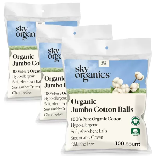 Sky Organics Organic Jumbo Cotton Balls for Sensitive Skin 100 Pure Organic Cotton Sustainably Grown Chlorine Free Hypoallergenic UltraSoft and Absorbant for Beauty ampamp Personal Care 300 ct100 Count Pack of 3