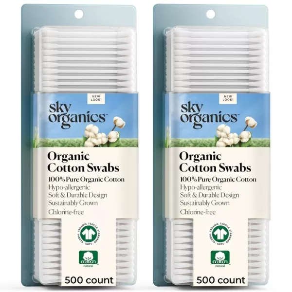 Sky Organics Organnic Cotton Swabs for Sensitive Skin 100 Pure GOTS Certified Organic for Beauty ampamp Personal Care 500 ct500 Count Pack of 2