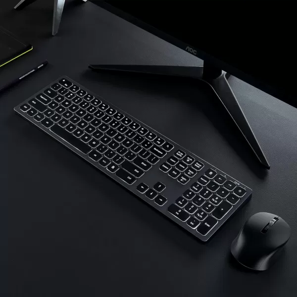 Wireless Backlit Keyboard and Mouse Combo Light Up Silent Keys 24G Full Size Rechargeable Illuminated Keyboard and Mouse with USB Receiver for Windows PC Computer Laptop Desktop Space Grey