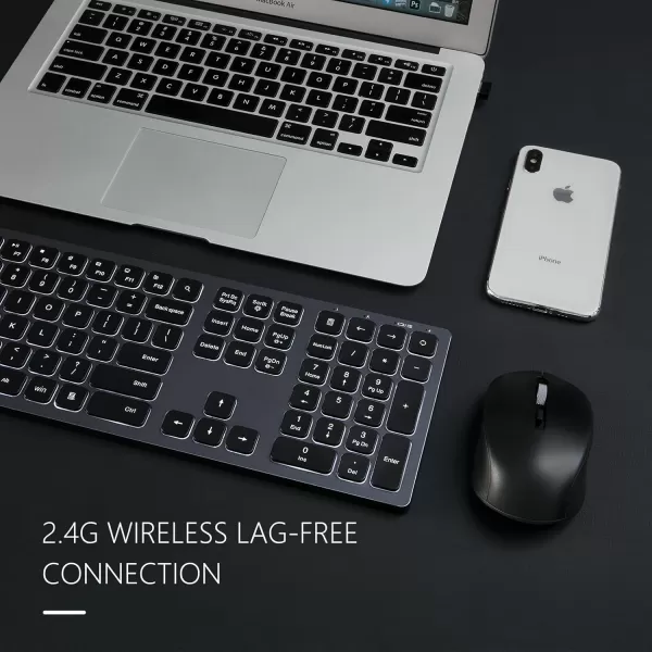 Wireless Backlit Keyboard and Mouse Combo Light Up Silent Keys 24G Full Size Rechargeable Illuminated Keyboard and Mouse with USB Receiver for Windows PC Computer Laptop Desktop Space Grey