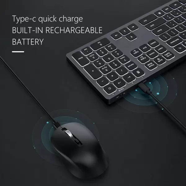 Wireless Backlit Keyboard and Mouse Combo Light Up Silent Keys 24G Full Size Rechargeable Illuminated Keyboard and Mouse with USB Receiver for Windows PC Computer Laptop Desktop Space Grey