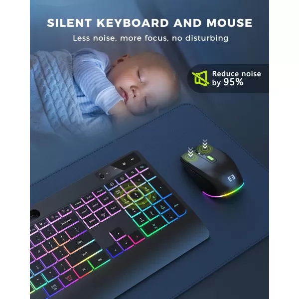 Wireless Keyboard and Mouse Backlit seenda Ergonomic Keyboard Mouse with Wrist Rest 24G USB ampamp Type C FullSize Silent Rechargeable RGB Light Up Combo for Mac Windows Laptop PC Computer