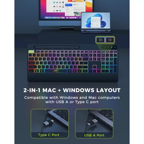 Wireless Keyboard and Mouse Backlit seenda Ergonomic Keyboard Mouse with Wrist Rest 24G USB ampamp Type C FullSize Silent Rechargeable RGB Light Up Combo for Mac Windows Laptop PC Computer