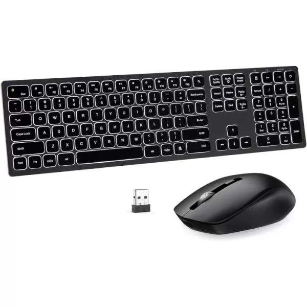 Wireless Backlit Keyboard and Mouse Combo Light Up Silent Keys 24G Full Size Rechargeable Illuminated Keyboard and Mouse with USB Receiver for Windows PC Computer Laptop Desktop Space Grey